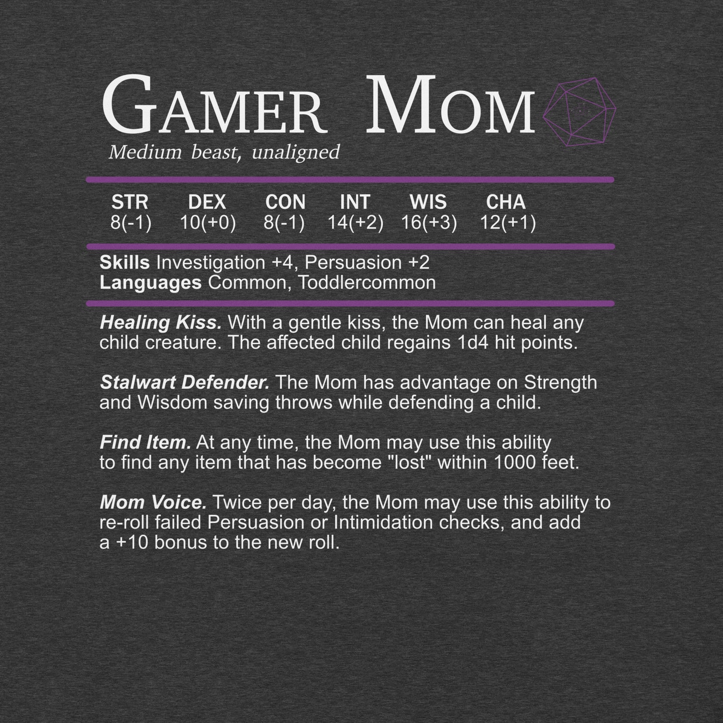 Gamer Mom Stat Sheet - Funny RPG T-shirt