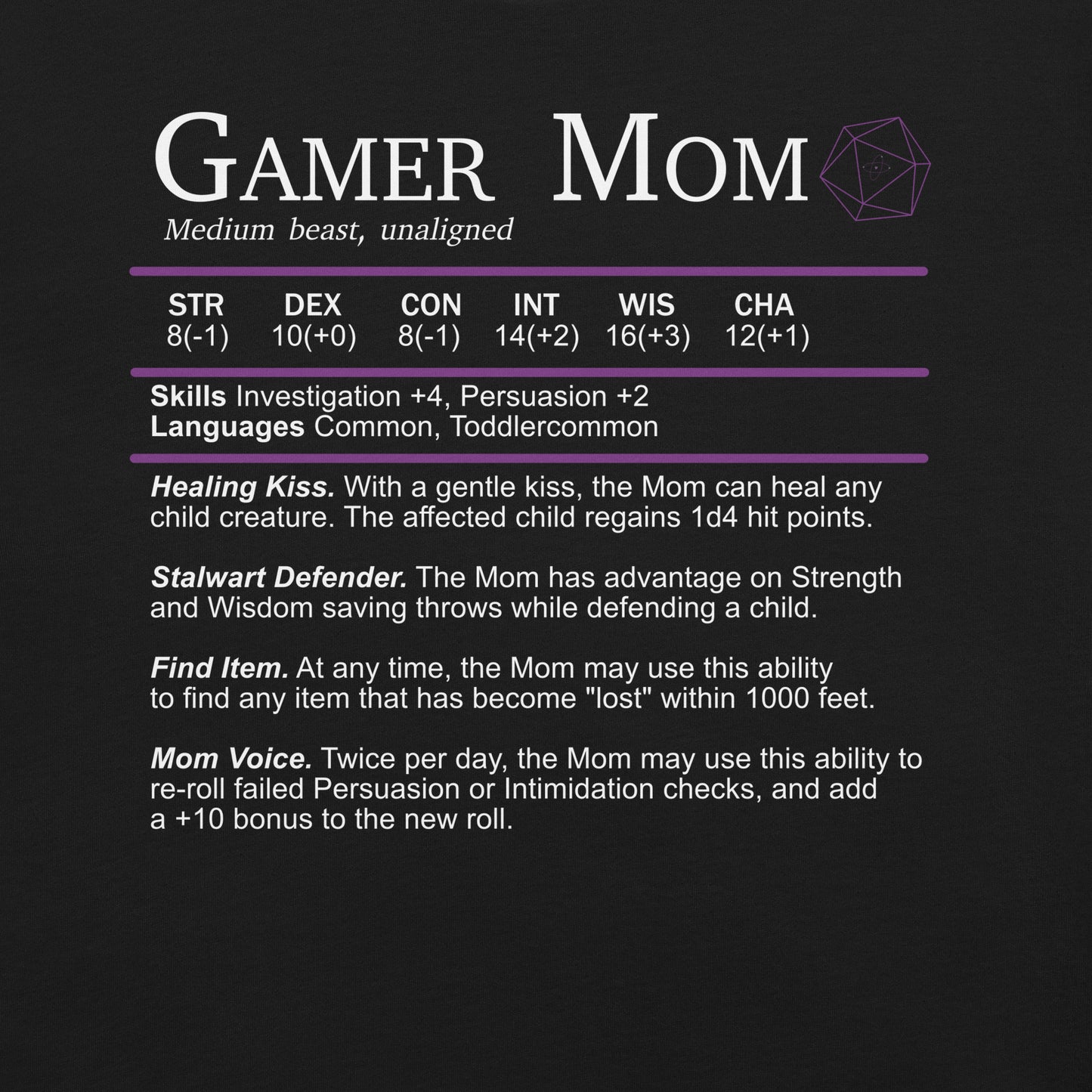 Gamer Mom Stat Sheet - Funny RPG T-shirt
